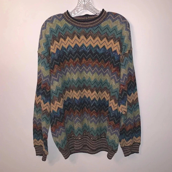 Vintage Cotton Linen Chevron Print Multicolour Crewneck L - Picture 1 of 12